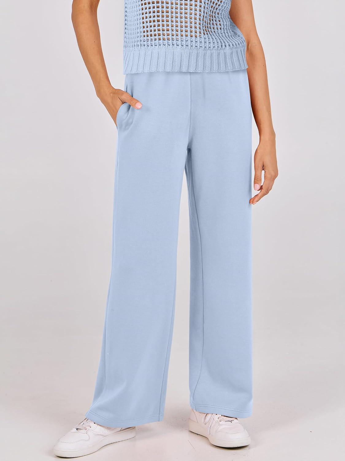 imageANRABESS Women Two Piece Outfits Crochet Sheer Knit Sweater Top Wide Leg Pants Lounge Matching Sets Sweatsuit Travel ClothesSky Blue