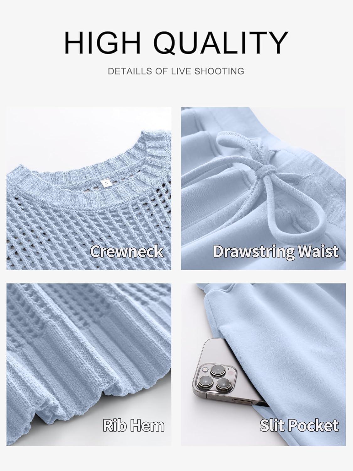 imageANRABESS Women Two Piece Outfits Crochet Sheer Knit Sweater Top Wide Leg Pants Lounge Matching Sets Sweatsuit Travel ClothesSky Blue