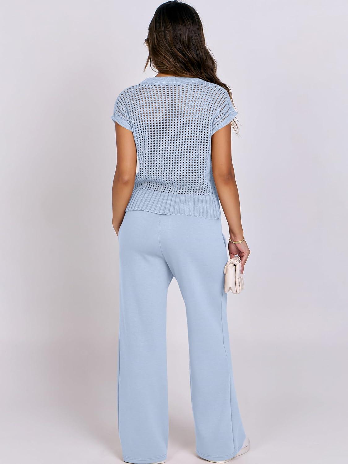 imageANRABESS Women Two Piece Outfits Crochet Sheer Knit Sweater Top Wide Leg Pants Lounge Matching Sets Sweatsuit Travel ClothesSky Blue