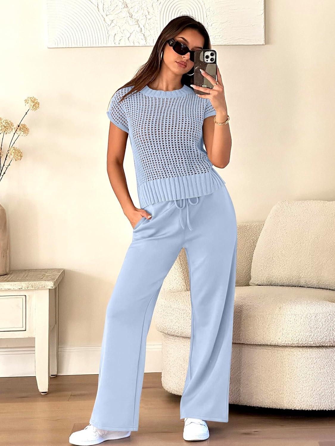 imageANRABESS Women Two Piece Outfits Crochet Sheer Knit Sweater Top Wide Leg Pants Lounge Matching Sets Sweatsuit Travel ClothesSky Blue