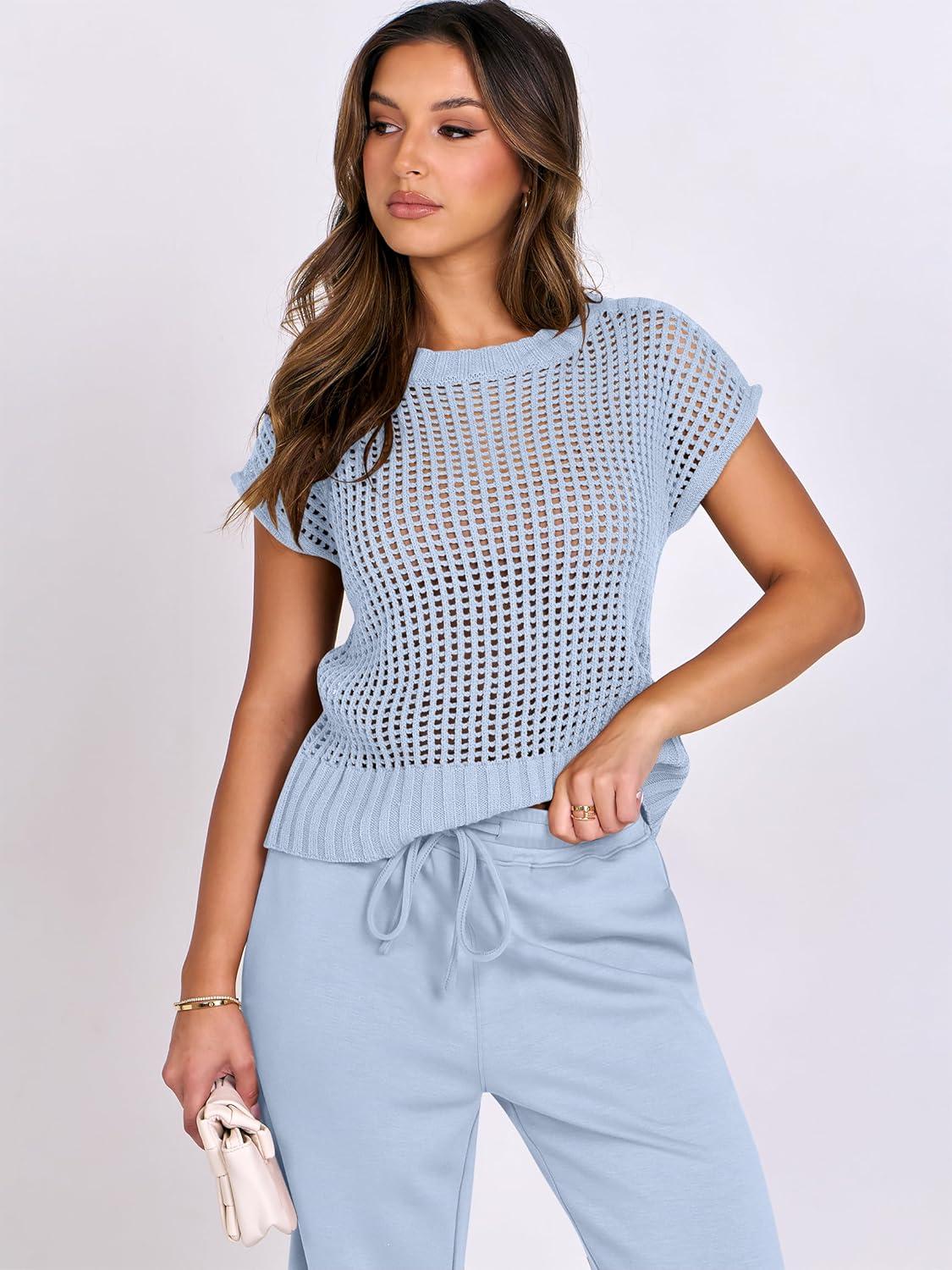 imageANRABESS Women Two Piece Outfits Crochet Sheer Knit Sweater Top Wide Leg Pants Lounge Matching Sets Sweatsuit Travel ClothesSky Blue