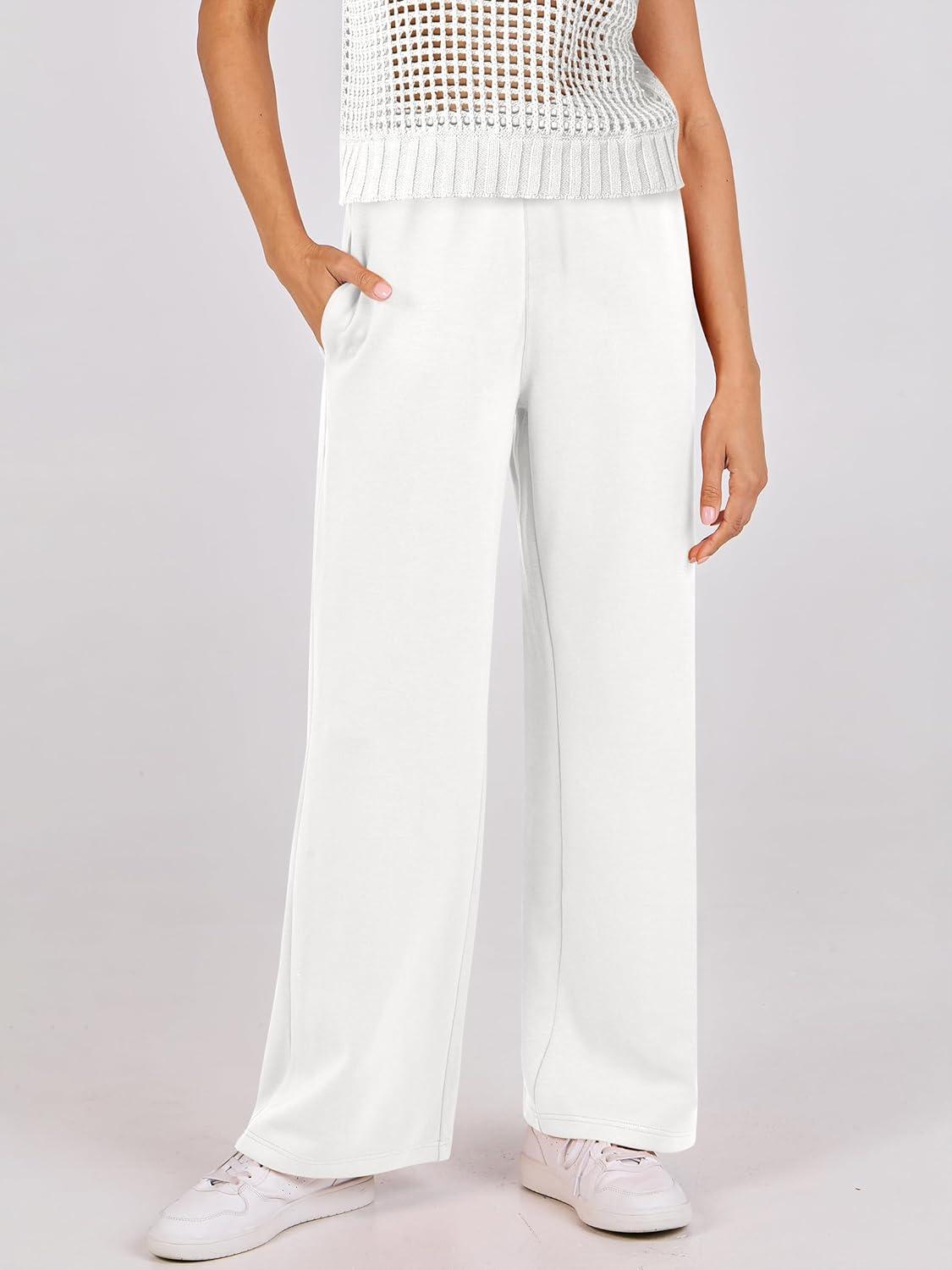 imageANRABESS Women Two Piece Outfits Crochet Sheer Knit Sweater Top Wide Leg Pants Lounge Matching Sets Sweatsuit Travel ClothesWhite