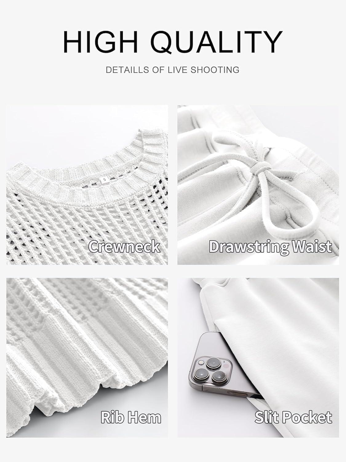 imageANRABESS Women Two Piece Outfits Crochet Sheer Knit Sweater Top Wide Leg Pants Lounge Matching Sets Sweatsuit Travel ClothesWhite