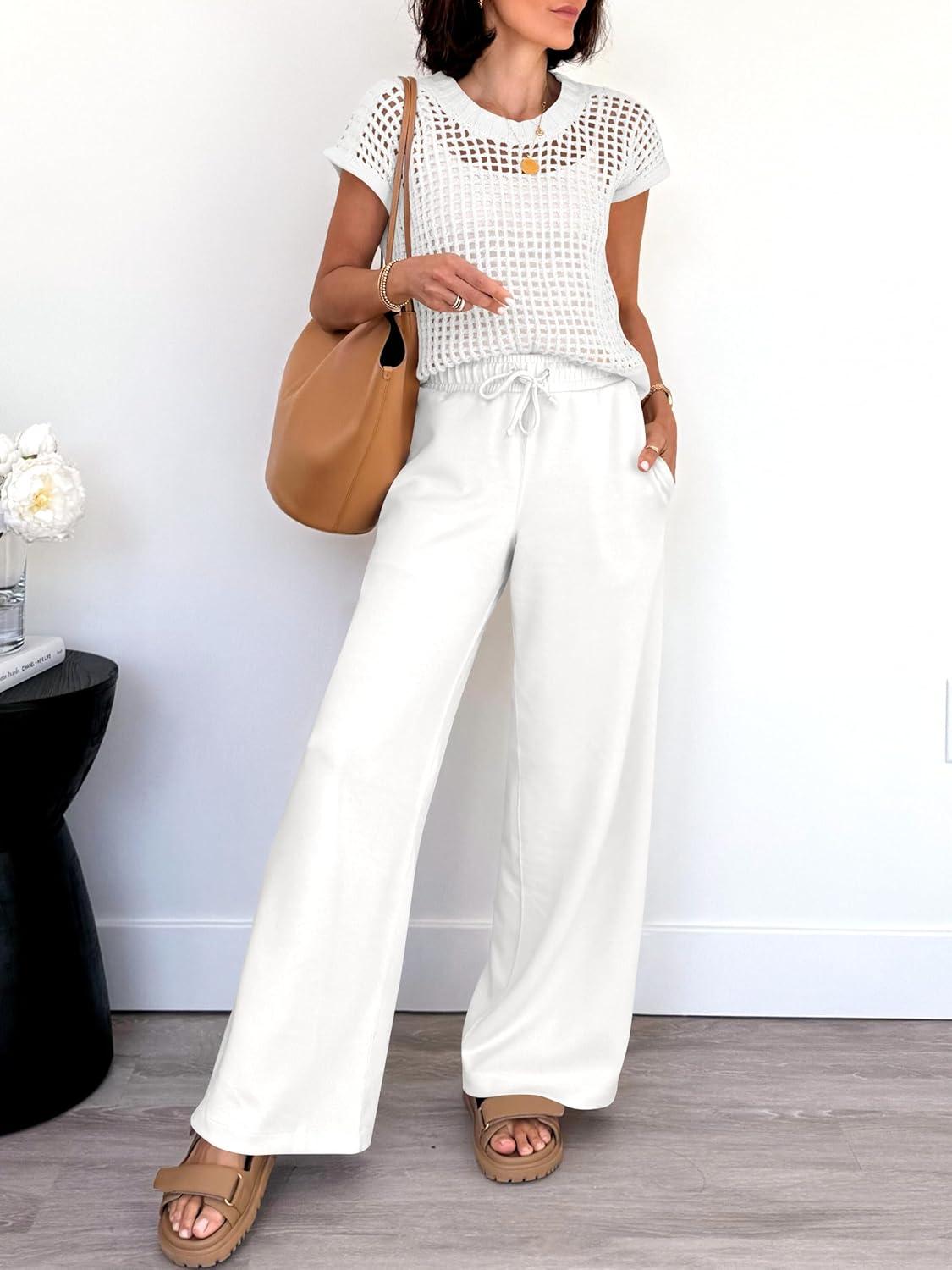 imageANRABESS Women Two Piece Outfits Crochet Sheer Knit Sweater Top Wide Leg Pants Lounge Matching Sets Sweatsuit Travel ClothesWhite