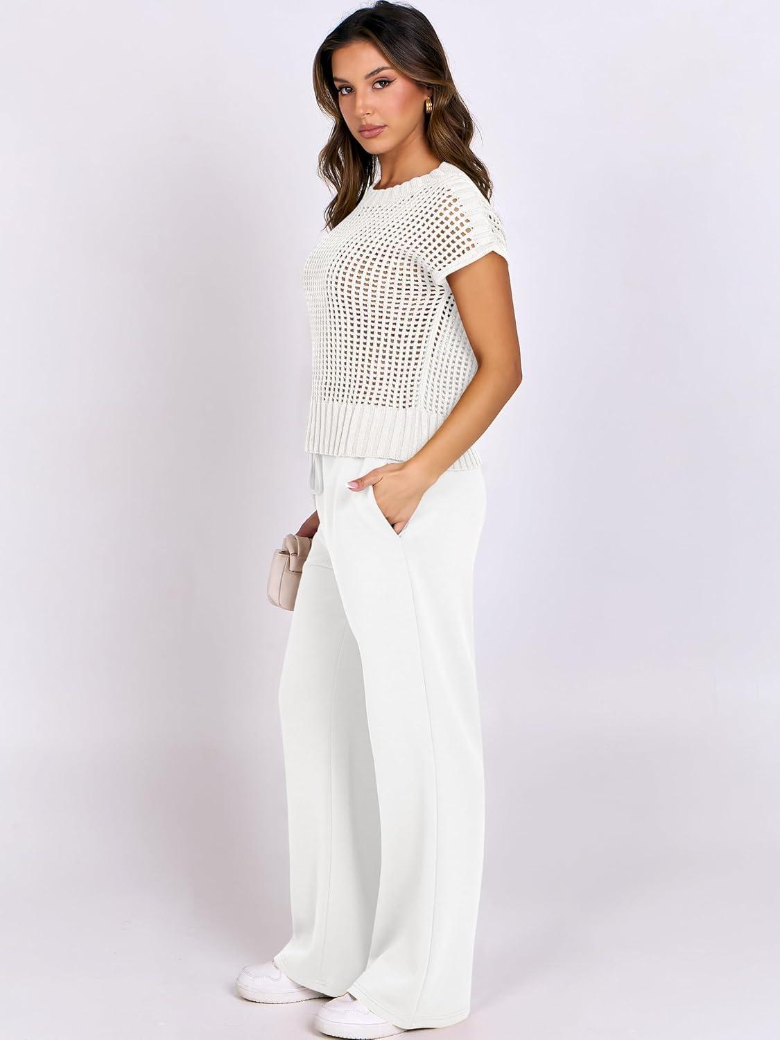 imageANRABESS Women Two Piece Outfits Crochet Sheer Knit Sweater Top Wide Leg Pants Lounge Matching Sets Sweatsuit Travel ClothesWhite