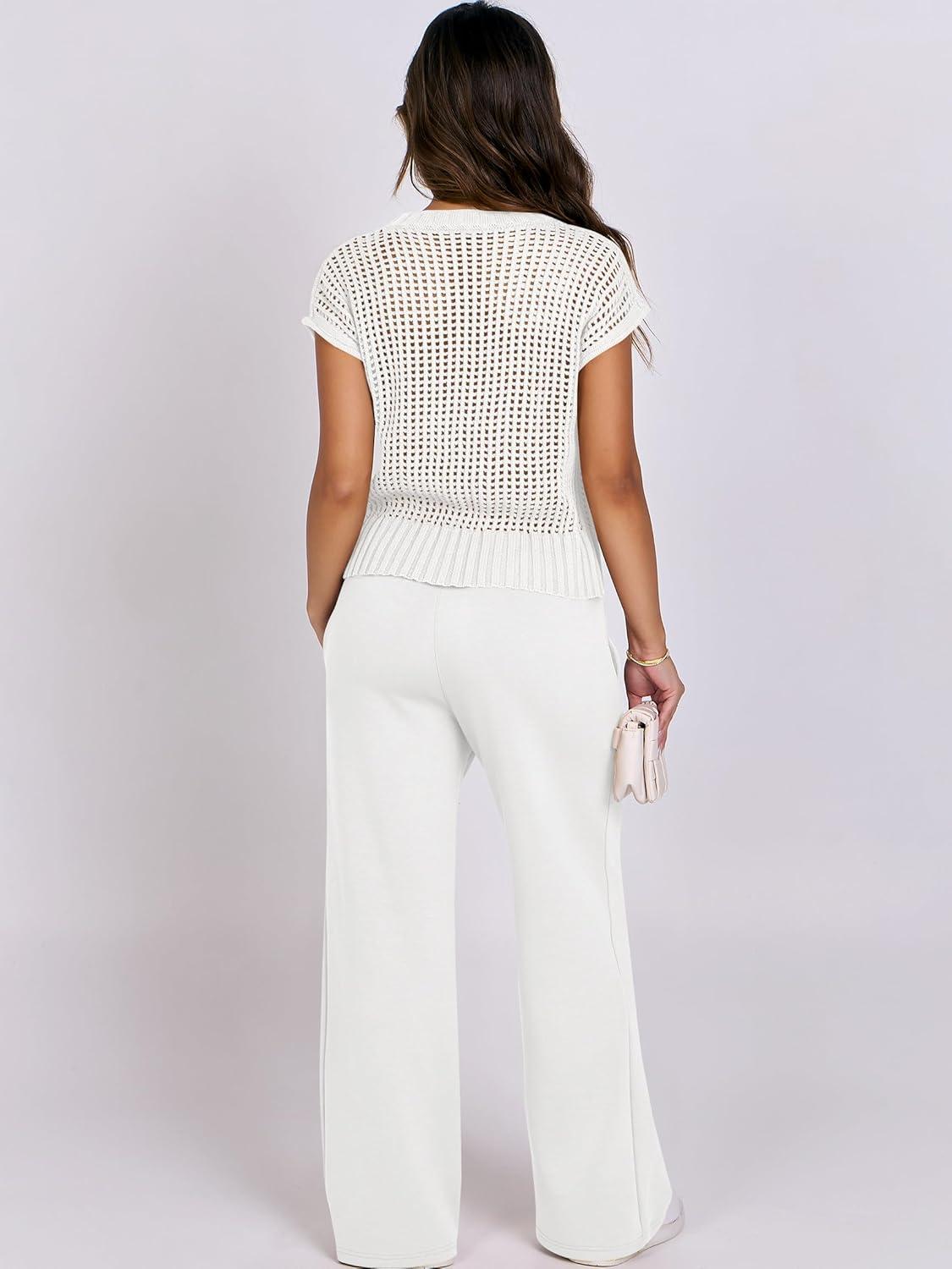 imageANRABESS Women Two Piece Outfits Crochet Sheer Knit Sweater Top Wide Leg Pants Lounge Matching Sets Sweatsuit Travel ClothesWhite