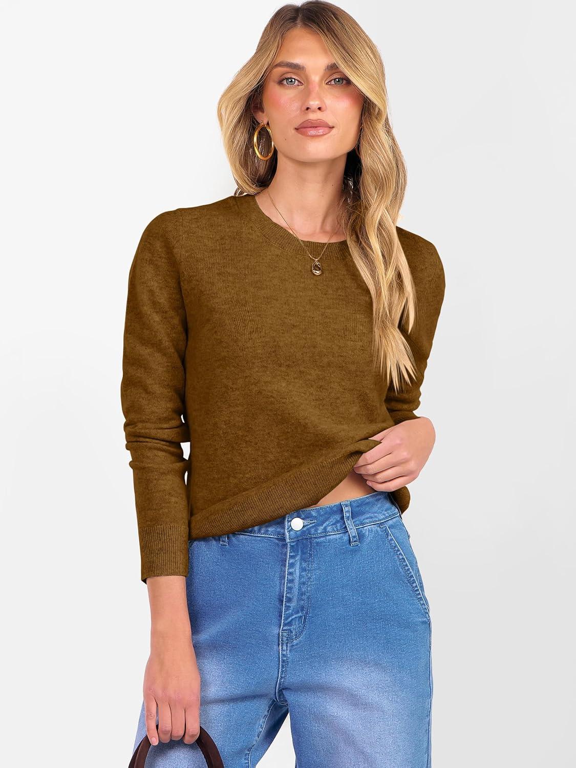 imageANRABESS Womens 100 Wool Sweaters Crewneck Long Sleeve Work Business Casual Basic Sweater Tops 2025 Fall OutfitsCaramel