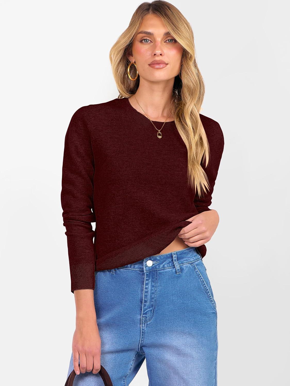 imageANRABESS Womens 100 Wool Sweaters Crewneck Long Sleeve Work Business Casual Basic Sweater Tops 2025 Fall OutfitsDark Red