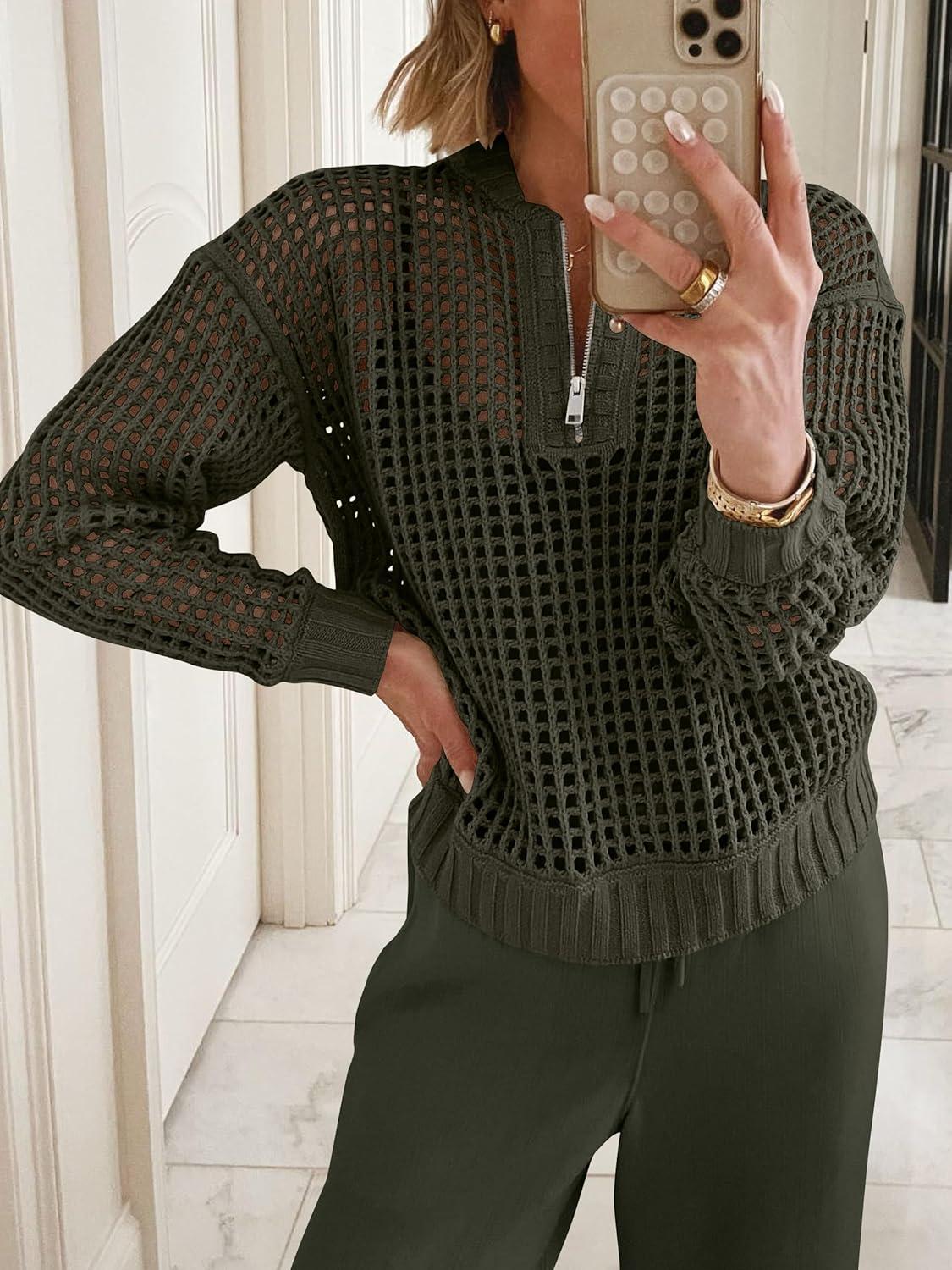 imageANRABESS Womens 2 Piece Outfits 2025 Fall Crochet Knit Half Zip Sweater Top Wide Leg Pant Travel Matching Sets Lounge ClothesArmy Green