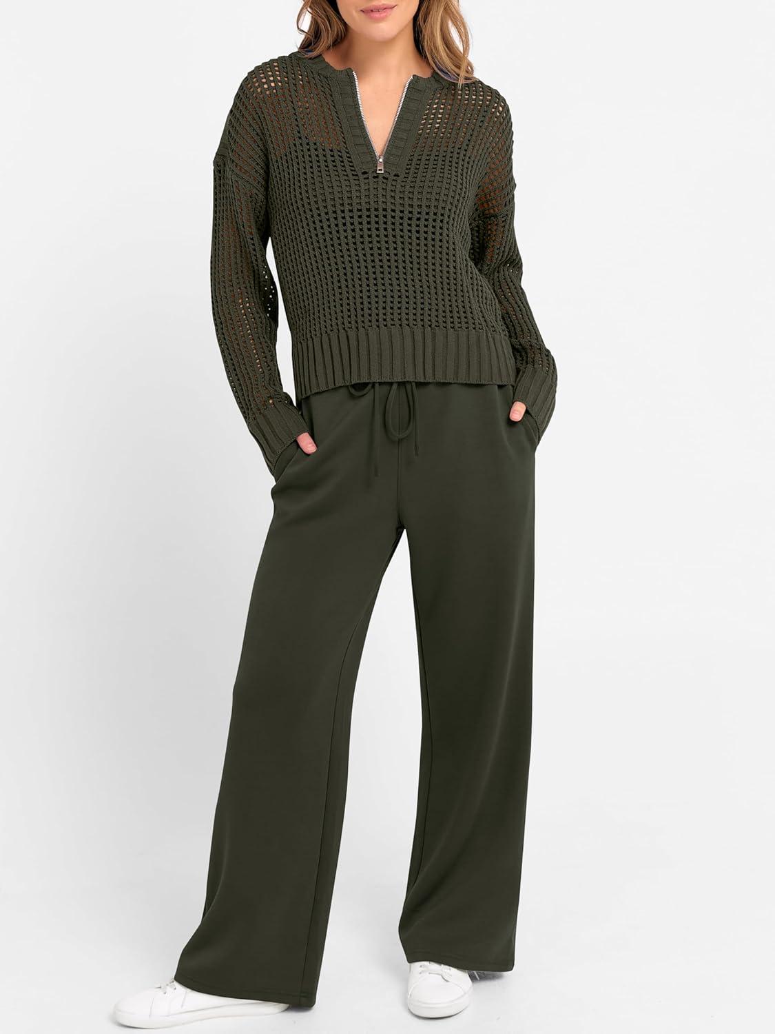 imageANRABESS Womens 2 Piece Outfits 2025 Fall Crochet Knit Half Zip Sweater Top Wide Leg Pant Travel Matching Sets Lounge ClothesArmy Green