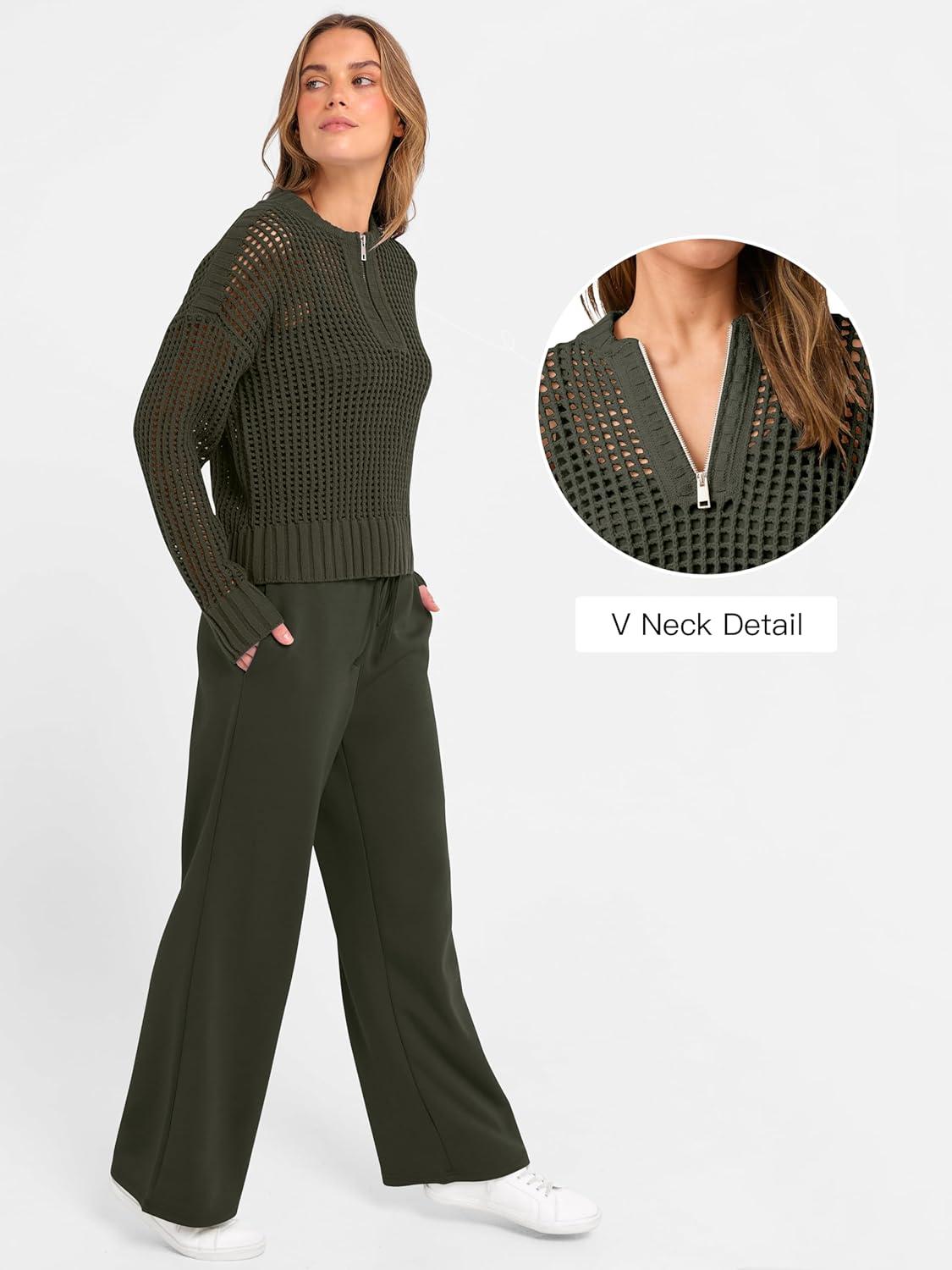 imageANRABESS Womens 2 Piece Outfits 2025 Fall Crochet Knit Half Zip Sweater Top Wide Leg Pant Travel Matching Sets Lounge ClothesArmy Green