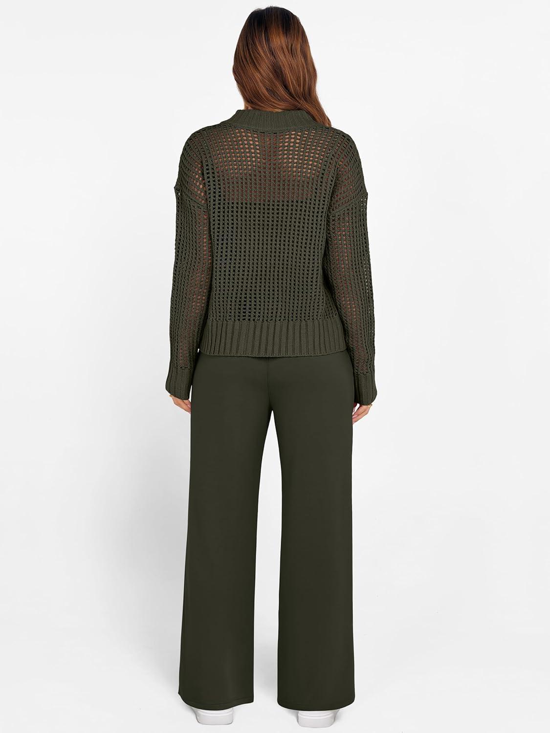 imageANRABESS Womens 2 Piece Outfits 2025 Fall Crochet Knit Half Zip Sweater Top Wide Leg Pant Travel Matching Sets Lounge ClothesArmy Green