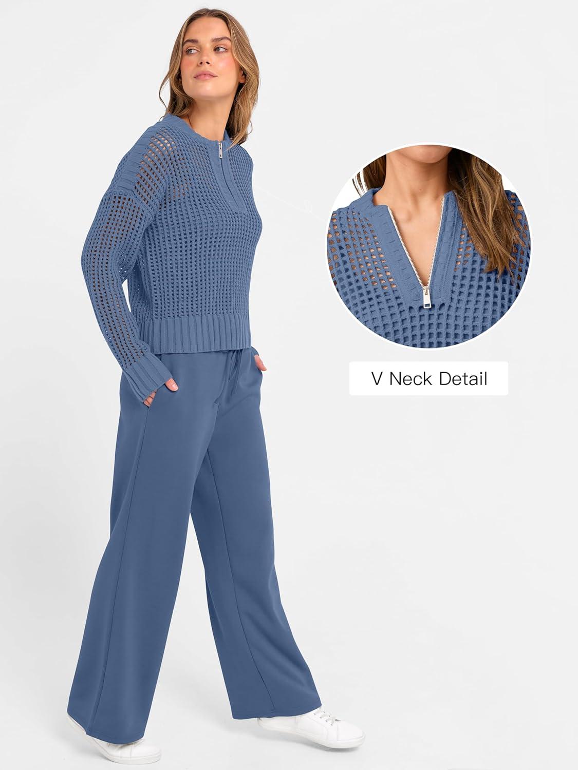 imageANRABESS Womens 2 Piece Outfits 2025 Fall Crochet Knit Half Zip Sweater Top Wide Leg Pant Travel Matching Sets Lounge ClothesBlue