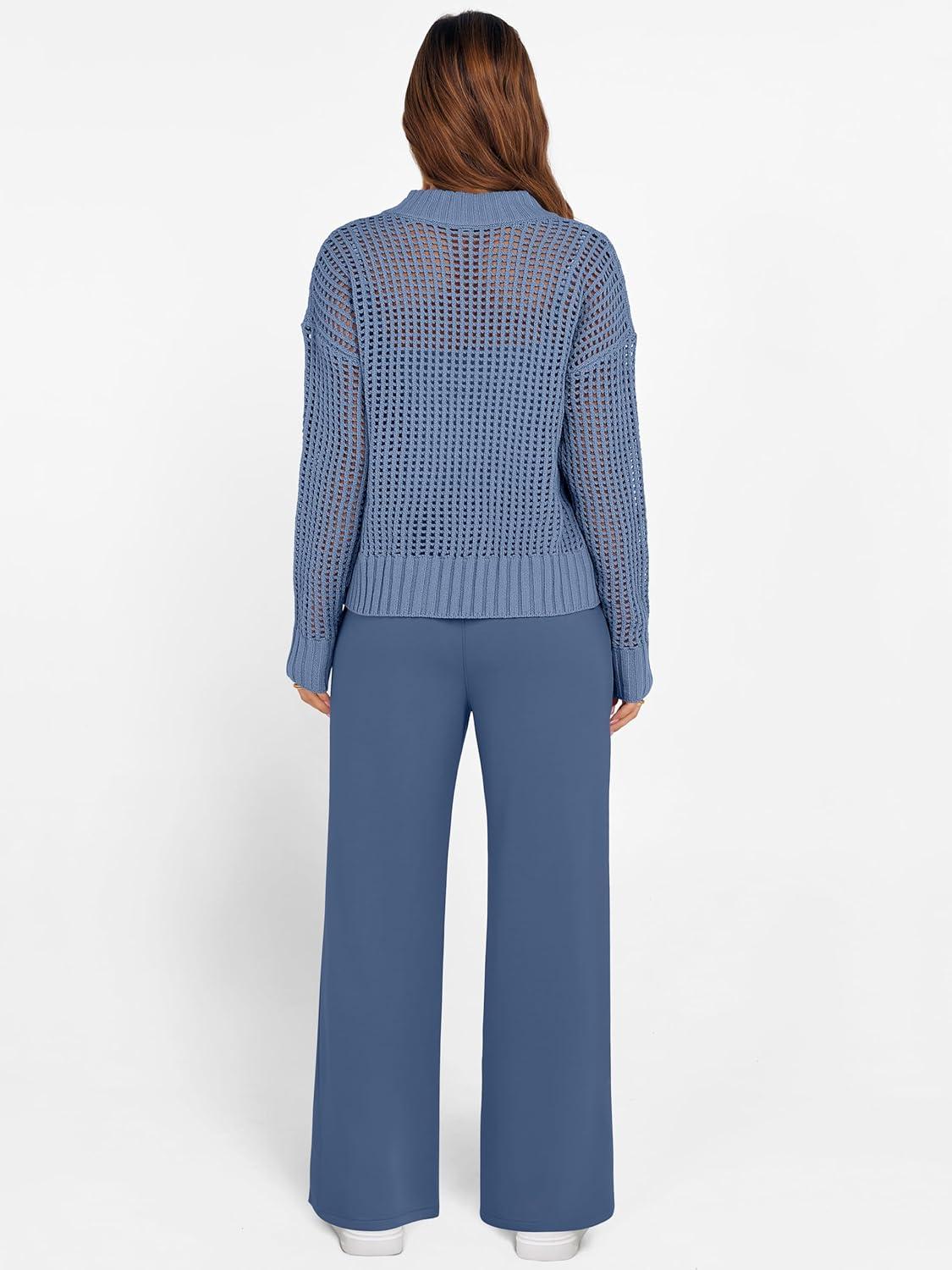 imageANRABESS Womens 2 Piece Outfits 2025 Fall Crochet Knit Half Zip Sweater Top Wide Leg Pant Travel Matching Sets Lounge ClothesBlue