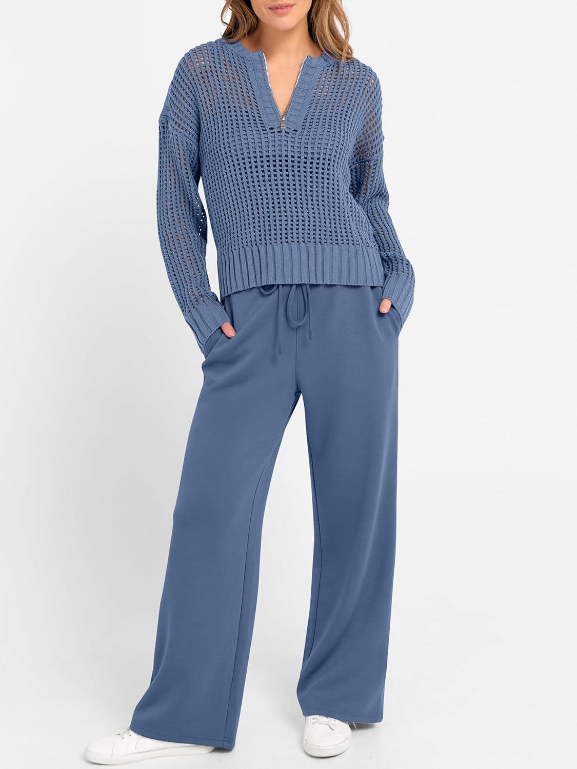 imageANRABESS Womens 2 Piece Outfits 2025 Fall Crochet Knit Half Zip Sweater Top Wide Leg Pant Travel Matching Sets Lounge ClothesBlue