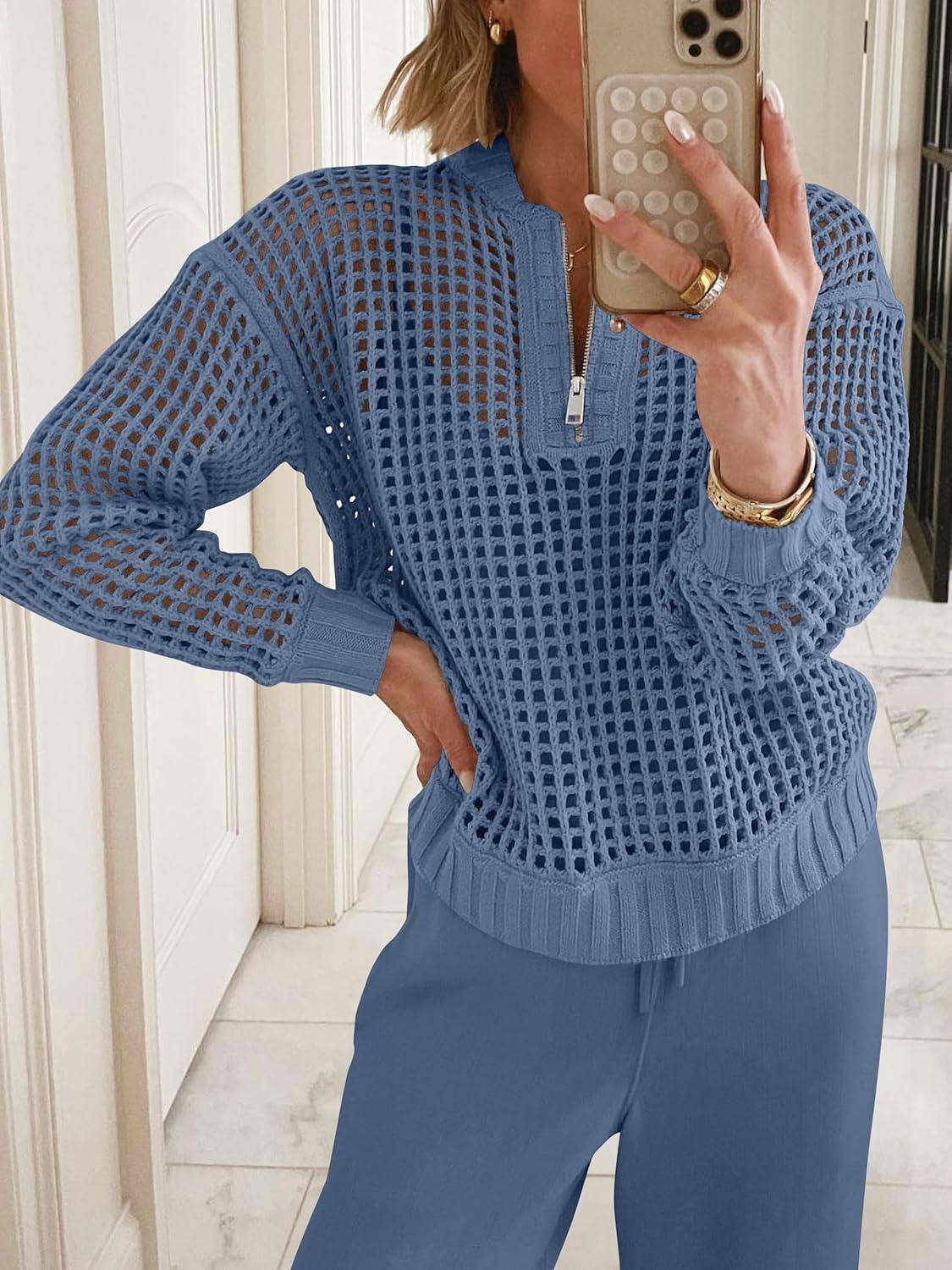 imageANRABESS Womens 2 Piece Outfits 2025 Fall Crochet Knit Half Zip Sweater Top Wide Leg Pant Travel Matching Sets Lounge ClothesBlue