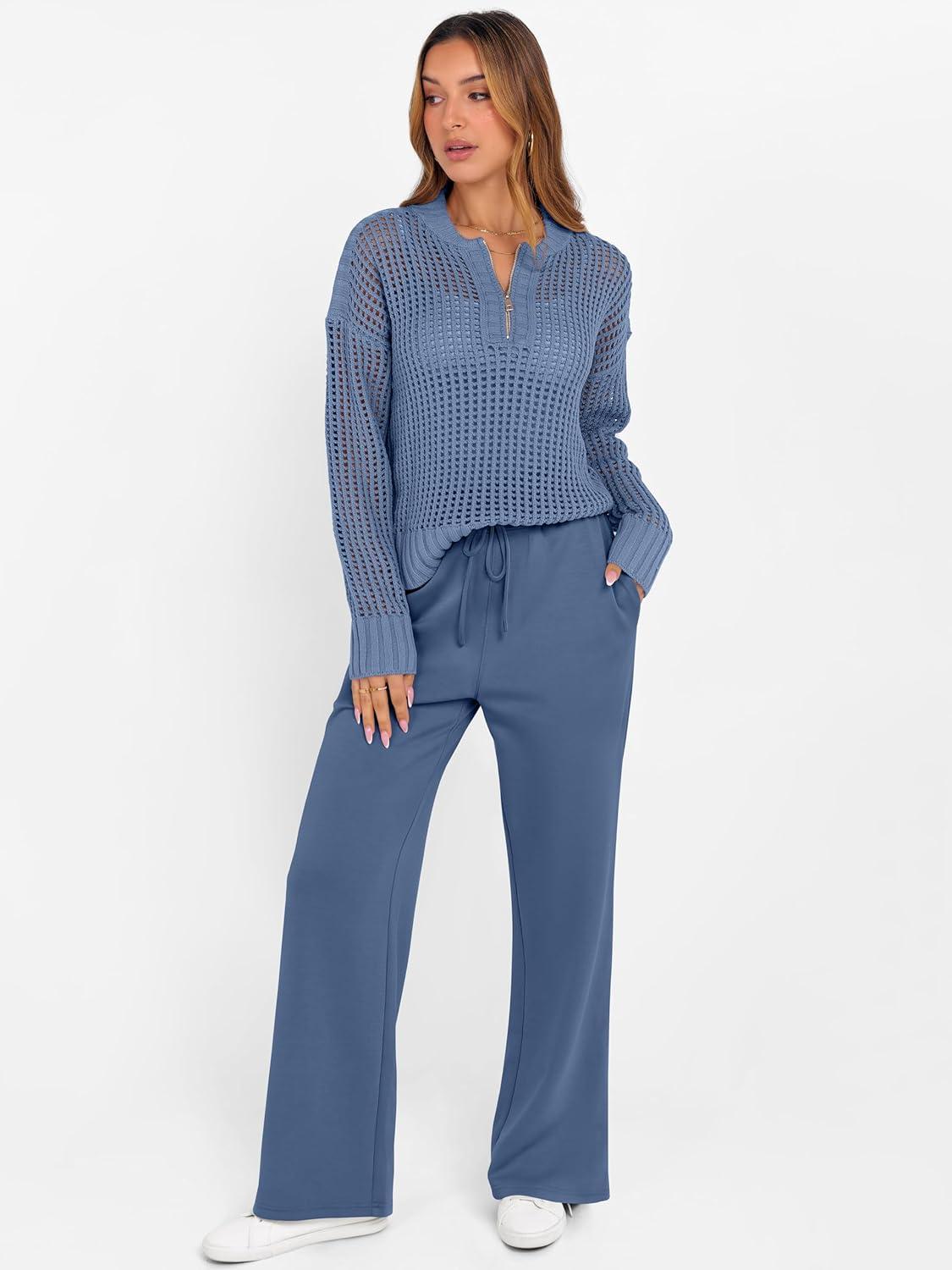 imageANRABESS Womens 2 Piece Outfits 2025 Fall Crochet Knit Half Zip Sweater Top Wide Leg Pant Travel Matching Sets Lounge ClothesBlue