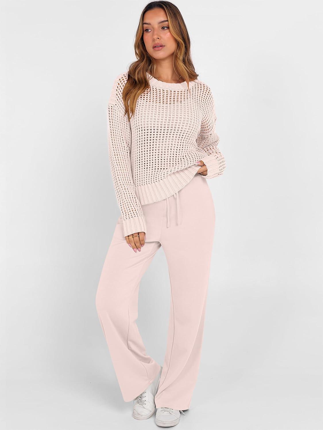 imageANRABESS Womens 2 Piece Outfits Crochet Sheer Knit Sweater Top Wide Leg Pants Lounge Sets Sweatsuit 2025 Fall Travel ClothesBeige Pink