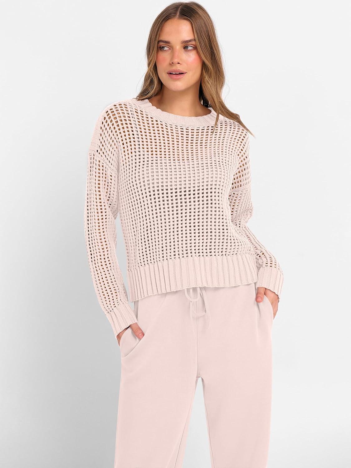 imageANRABESS Womens 2 Piece Outfits Crochet Sheer Knit Sweater Top Wide Leg Pants Lounge Sets Sweatsuit 2025 Fall Travel ClothesBeige Pink