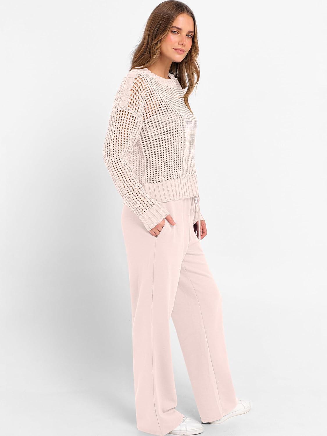 imageANRABESS Womens 2 Piece Outfits Crochet Sheer Knit Sweater Top Wide Leg Pants Lounge Sets Sweatsuit 2025 Fall Travel ClothesBeige Pink