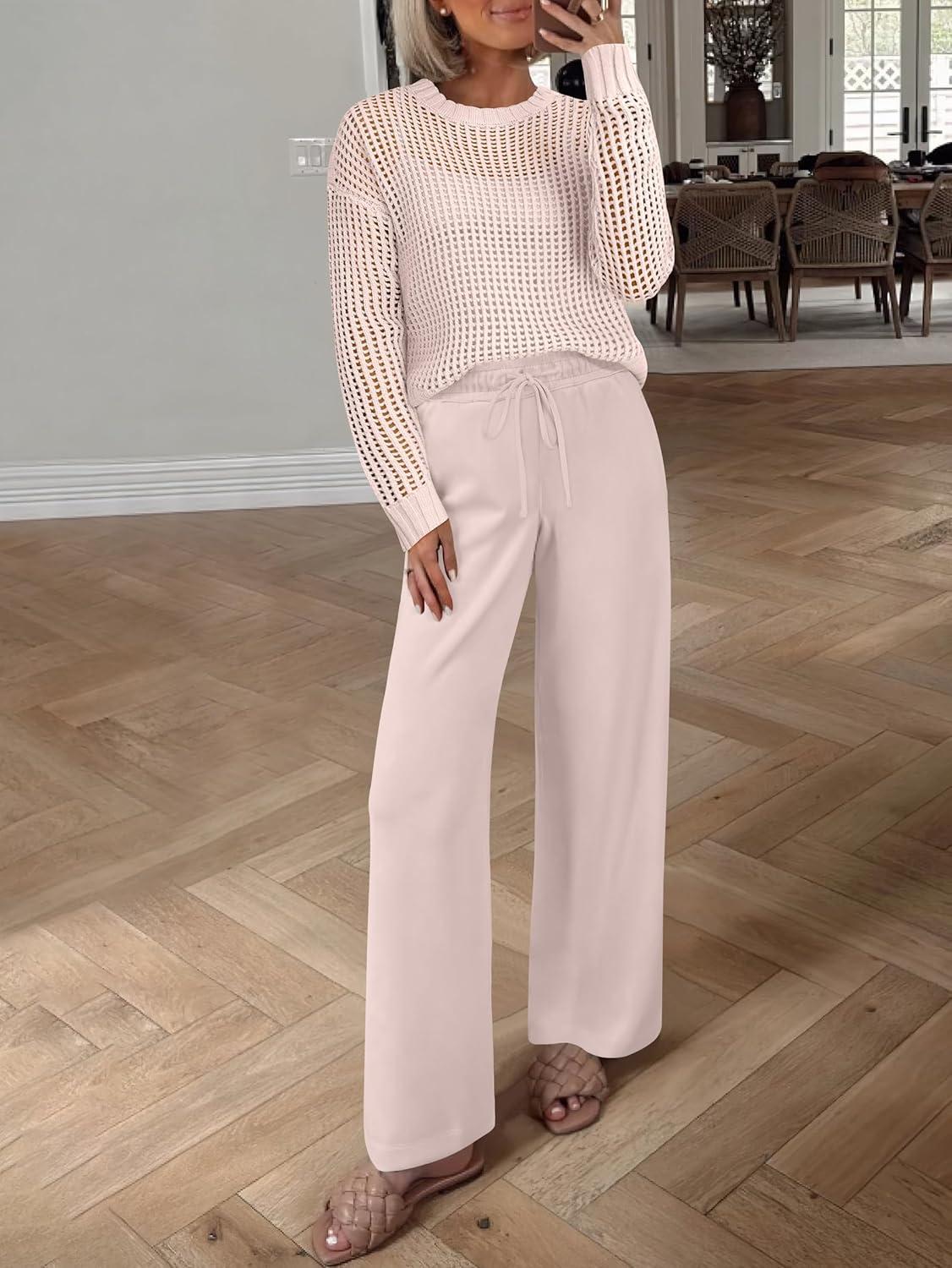 imageANRABESS Womens 2 Piece Outfits Crochet Sheer Knit Sweater Top Wide Leg Pants Lounge Sets Sweatsuit 2025 Fall Travel ClothesBeige Pink