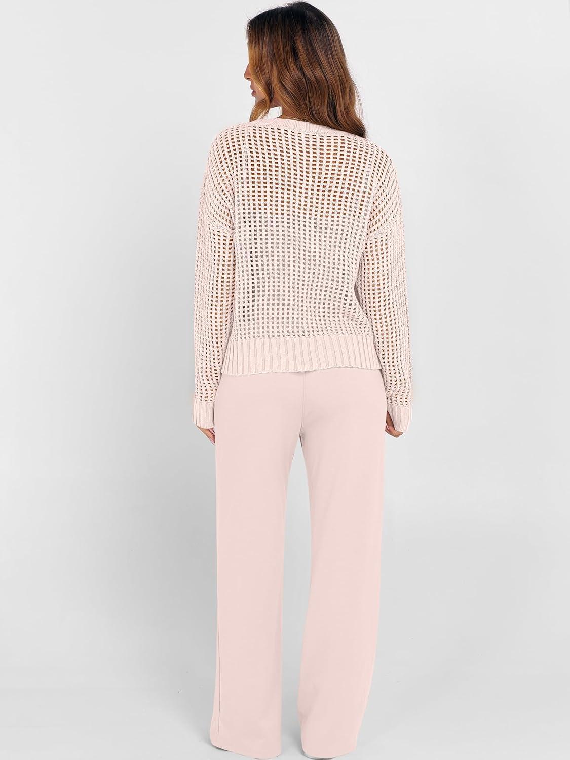 imageANRABESS Womens 2 Piece Outfits Crochet Sheer Knit Sweater Top Wide Leg Pants Lounge Sets Sweatsuit 2025 Fall Travel ClothesBeige Pink