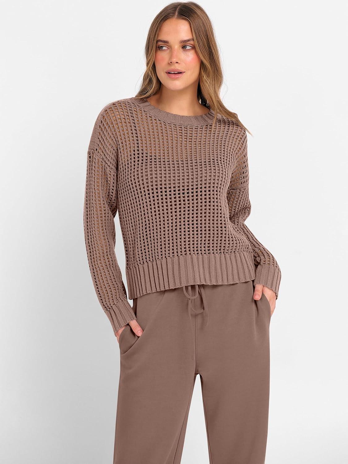 imageANRABESS Womens 2 Piece Outfits Crochet Sheer Knit Sweater Top Wide Leg Pants Lounge Sets Sweatsuit 2025 Fall Travel ClothesBrown