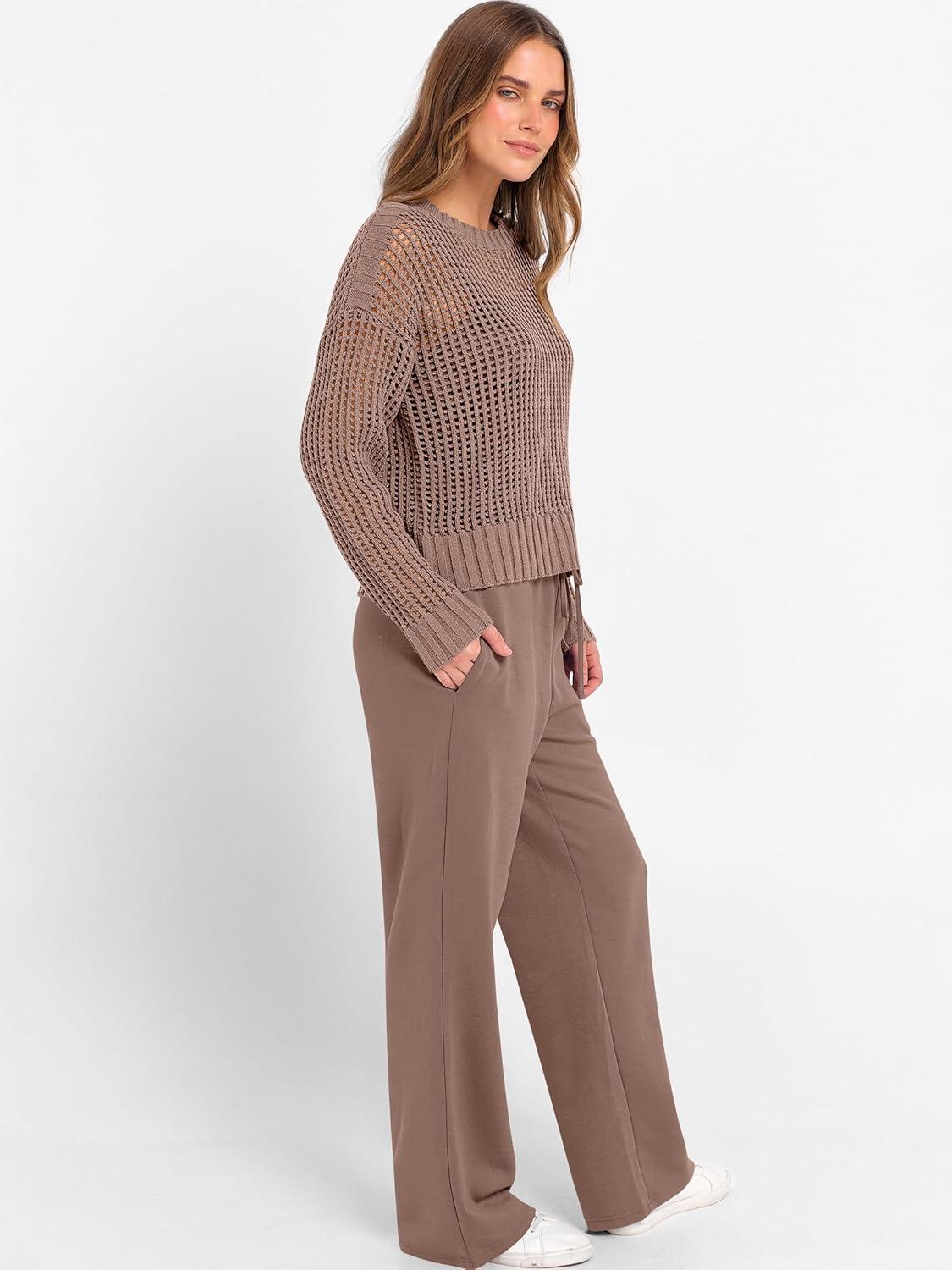 imageANRABESS Womens 2 Piece Outfits Crochet Sheer Knit Sweater Top Wide Leg Pants Lounge Sets Sweatsuit 2025 Fall Travel ClothesBrown
