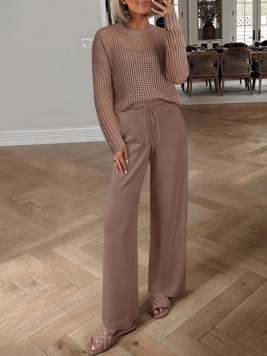 imageANRABESS Womens 2 Piece Outfits Crochet Sheer Knit Sweater Top Wide Leg Pants Lounge Sets Sweatsuit 2025 Fall Travel ClothesBrown