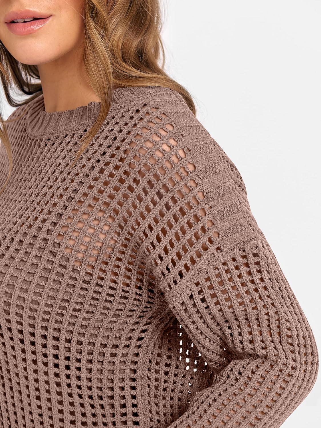 imageANRABESS Womens 2 Piece Outfits Crochet Sheer Knit Sweater Top Wide Leg Pants Lounge Sets Sweatsuit 2025 Fall Travel ClothesBrown