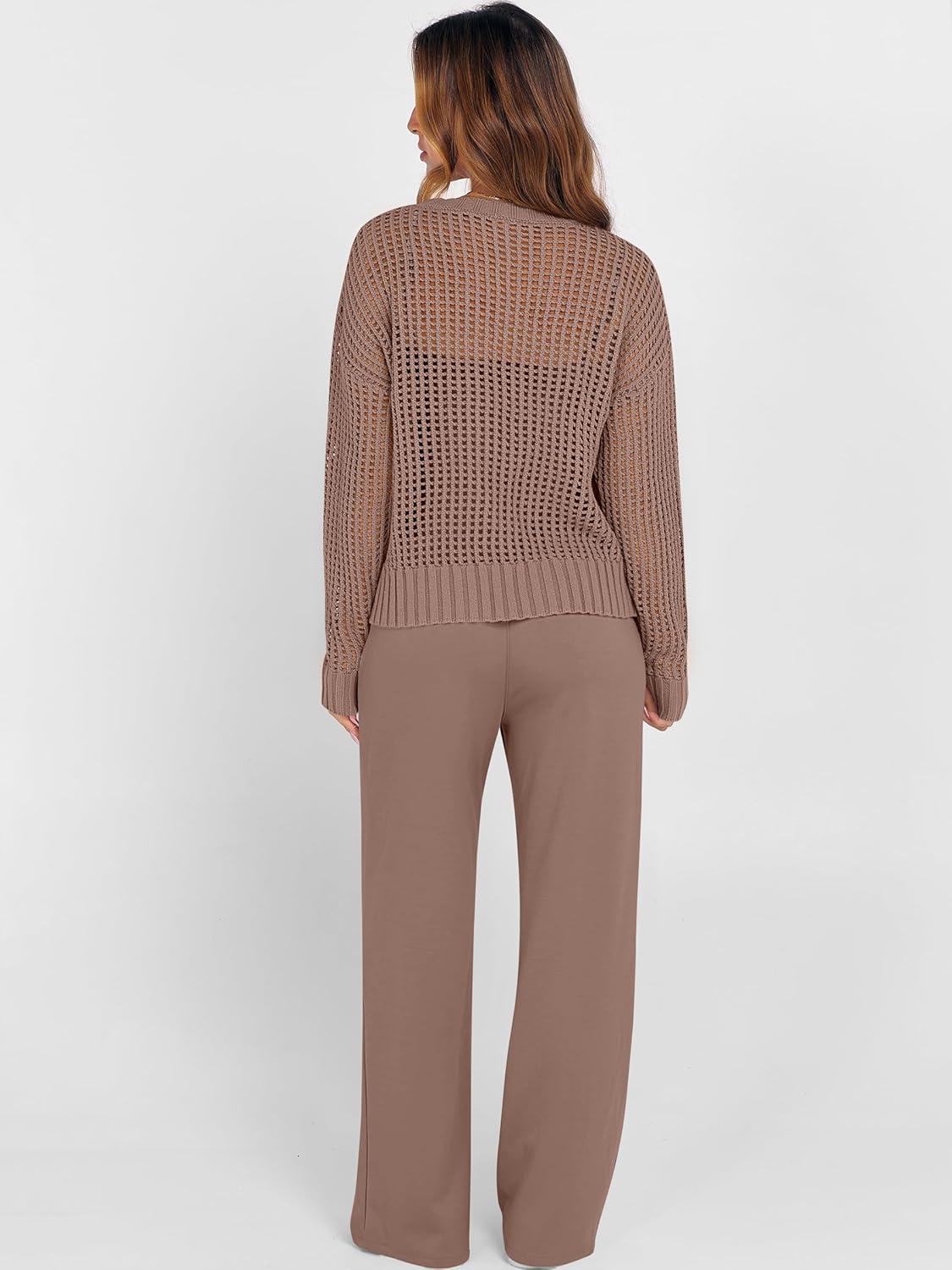 imageANRABESS Womens 2 Piece Outfits Crochet Sheer Knit Sweater Top Wide Leg Pants Lounge Sets Sweatsuit 2025 Fall Travel ClothesBrown