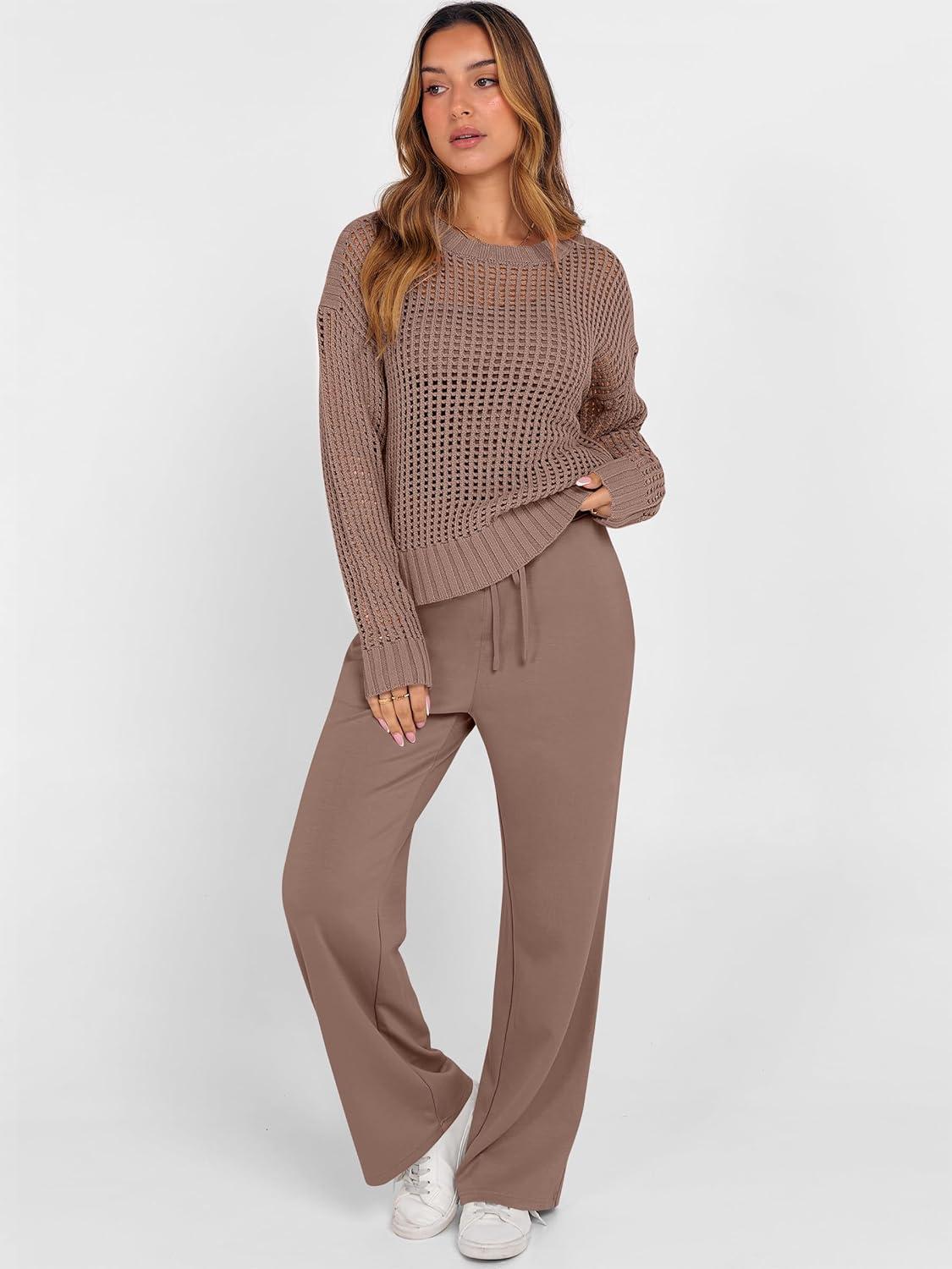 imageANRABESS Womens 2 Piece Outfits Crochet Sheer Knit Sweater Top Wide Leg Pants Lounge Sets Sweatsuit 2025 Fall Travel ClothesBrown