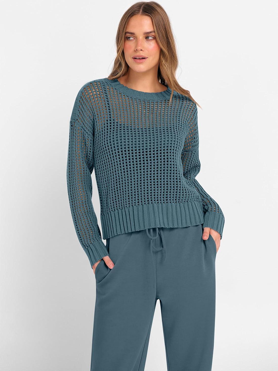 imageANRABESS Womens 2 Piece Outfits Crochet Sheer Knit Sweater Top Wide Leg Pants Lounge Sets Sweatsuit 2025 Fall Travel ClothesDark Teal