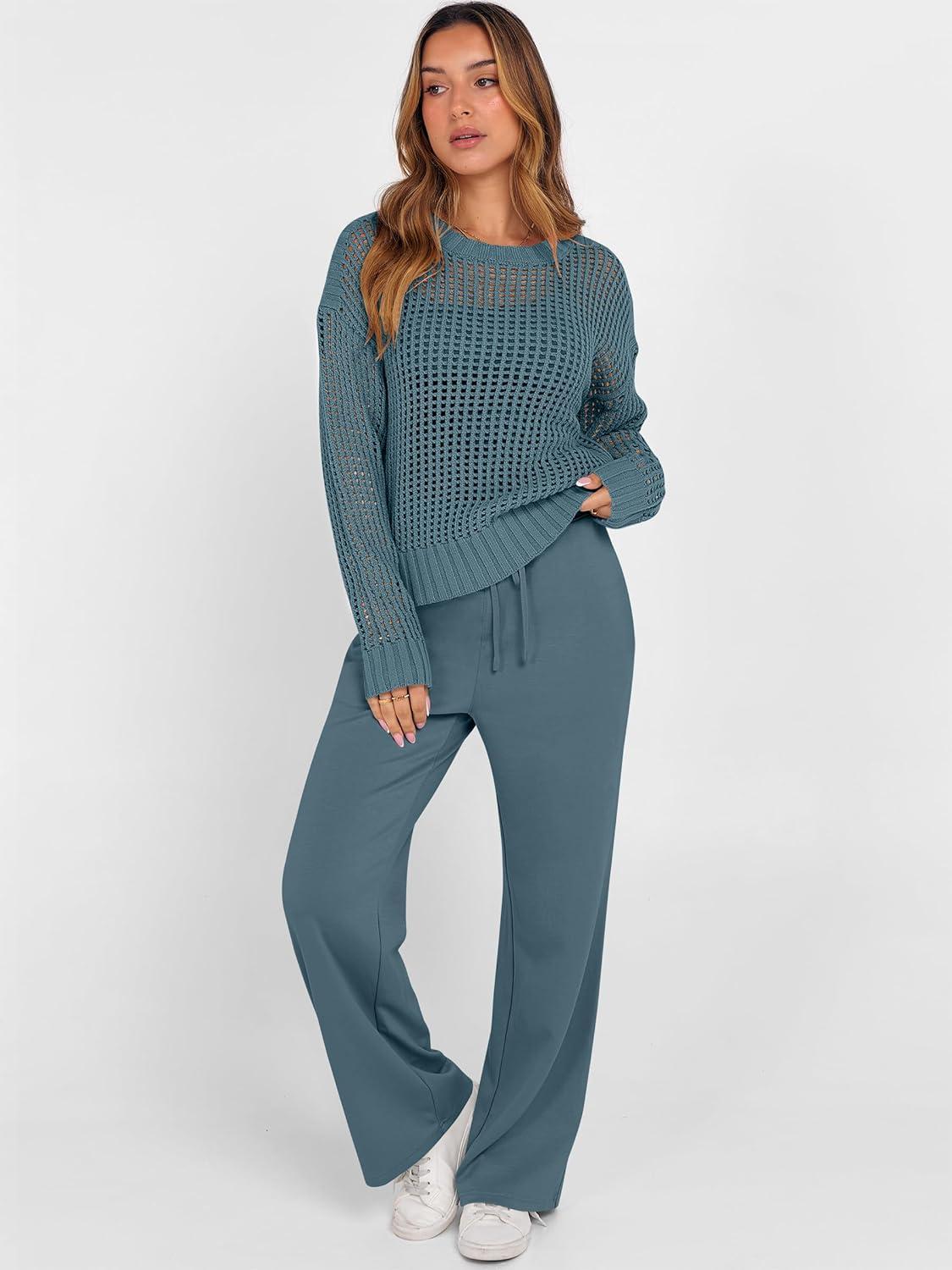imageANRABESS Womens 2 Piece Outfits Crochet Sheer Knit Sweater Top Wide Leg Pants Lounge Sets Sweatsuit 2025 Fall Travel ClothesDark Teal