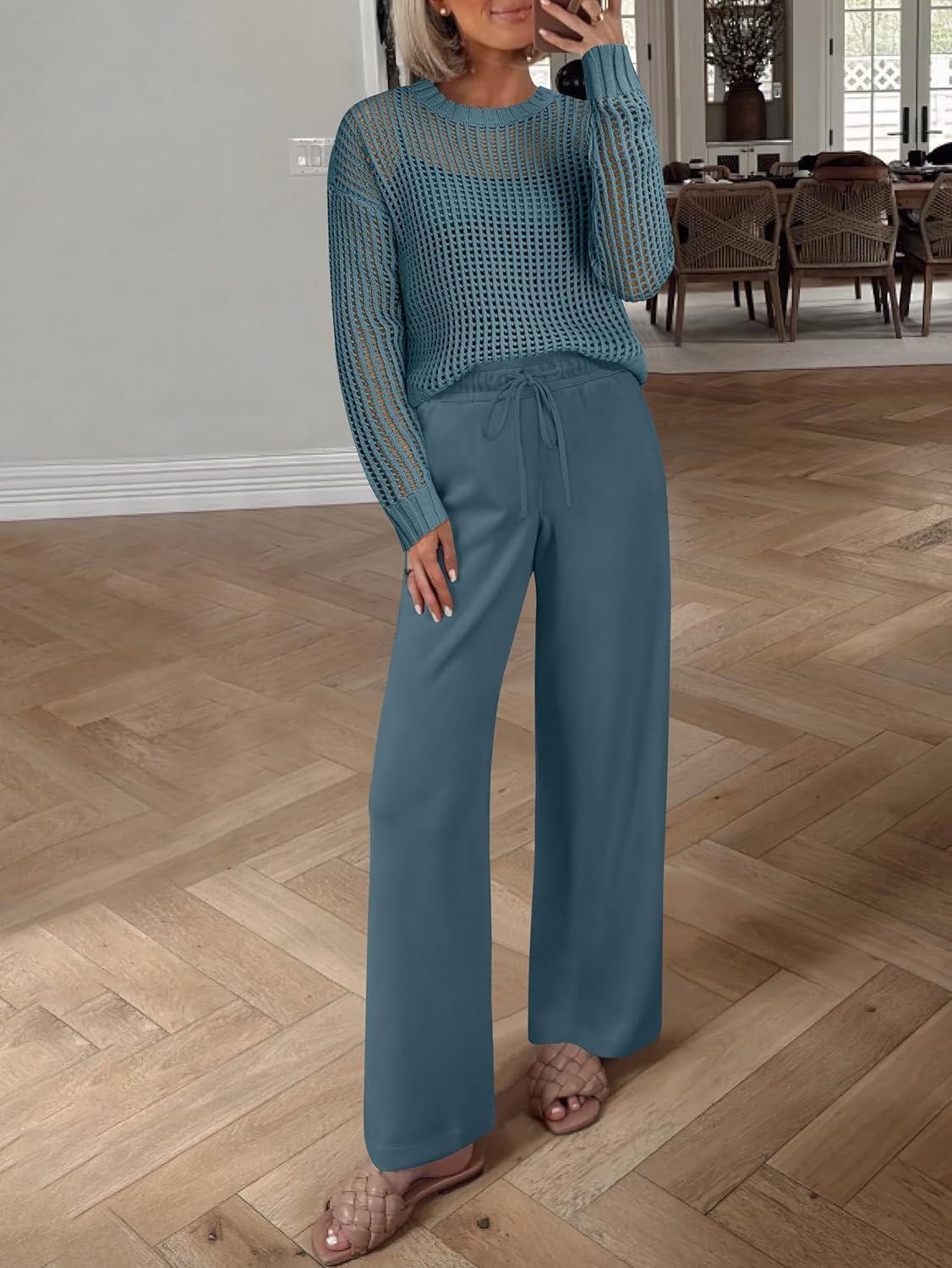 imageANRABESS Womens 2 Piece Outfits Crochet Sheer Knit Sweater Top Wide Leg Pants Lounge Sets Sweatsuit 2025 Fall Travel ClothesDark Teal
