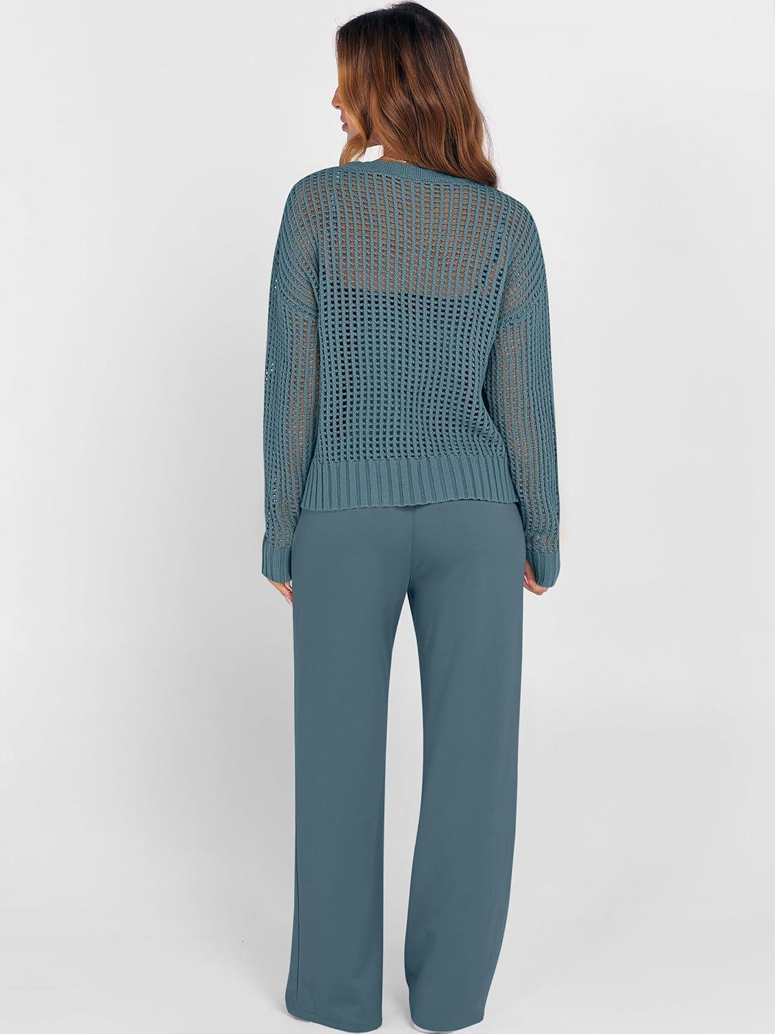 imageANRABESS Womens 2 Piece Outfits Crochet Sheer Knit Sweater Top Wide Leg Pants Lounge Sets Sweatsuit 2025 Fall Travel ClothesDark Teal