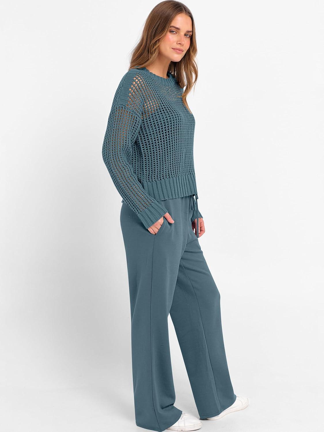 imageANRABESS Womens 2 Piece Outfits Crochet Sheer Knit Sweater Top Wide Leg Pants Lounge Sets Sweatsuit 2025 Fall Travel ClothesDark Teal