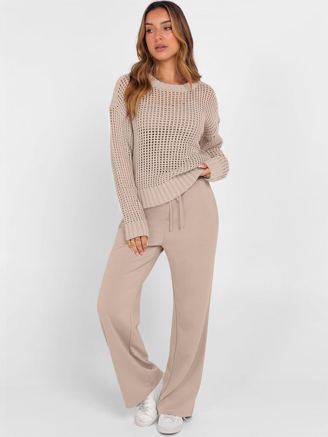 imageANRABESS Womens 2 Piece Outfits Crochet Sheer Knit Sweater Top Wide Leg Pants Lounge Sets Sweatsuit 2025 Fall Travel ClothesLight Brown