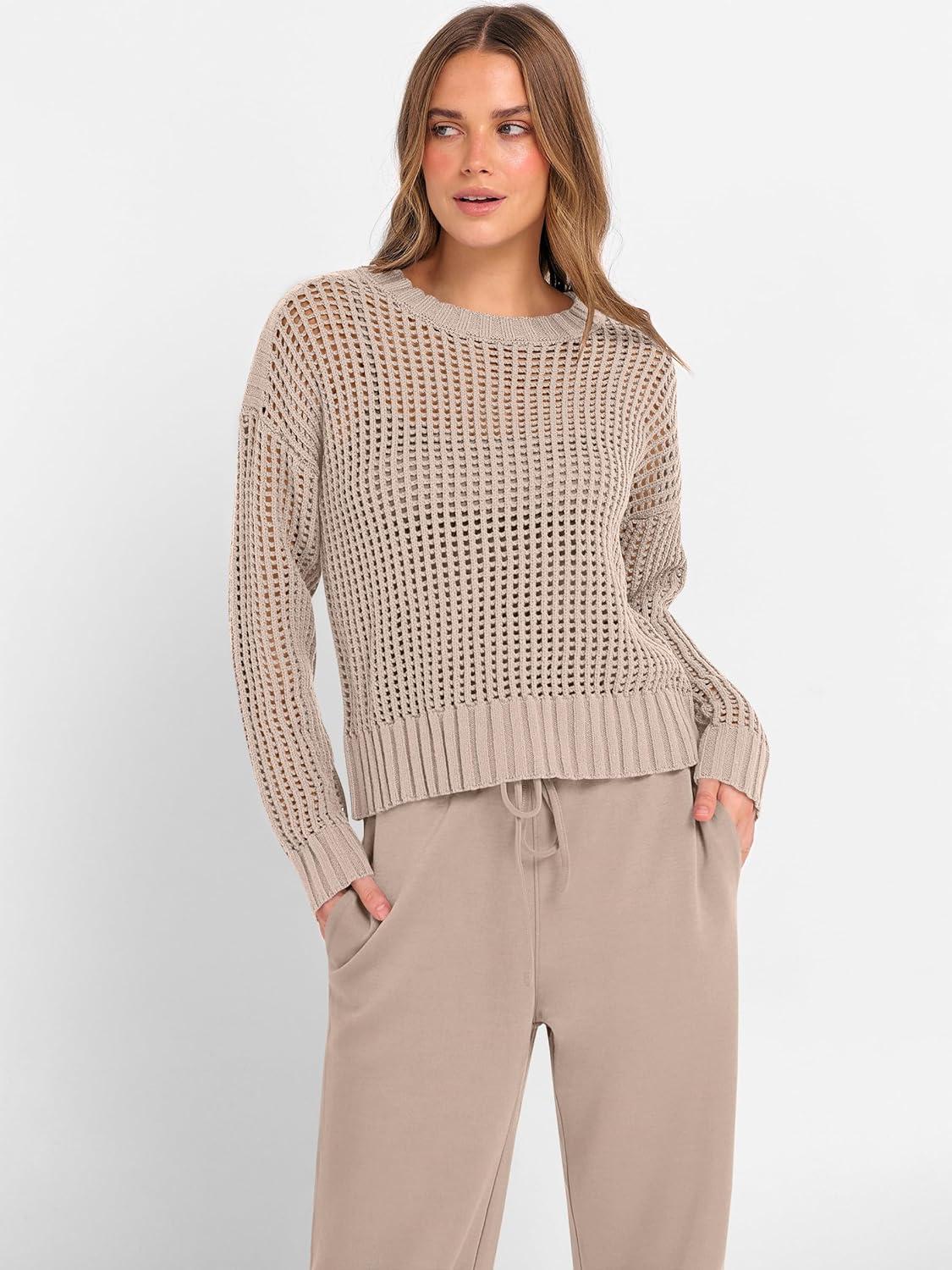 imageANRABESS Womens 2 Piece Outfits Crochet Sheer Knit Sweater Top Wide Leg Pants Lounge Sets Sweatsuit 2025 Fall Travel ClothesLight Brown