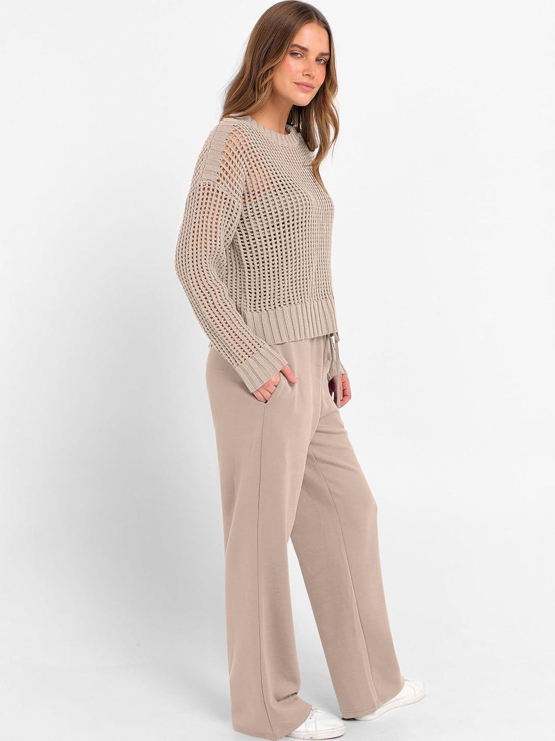 imageANRABESS Womens 2 Piece Outfits Crochet Sheer Knit Sweater Top Wide Leg Pants Lounge Sets Sweatsuit 2025 Fall Travel ClothesLight Brown