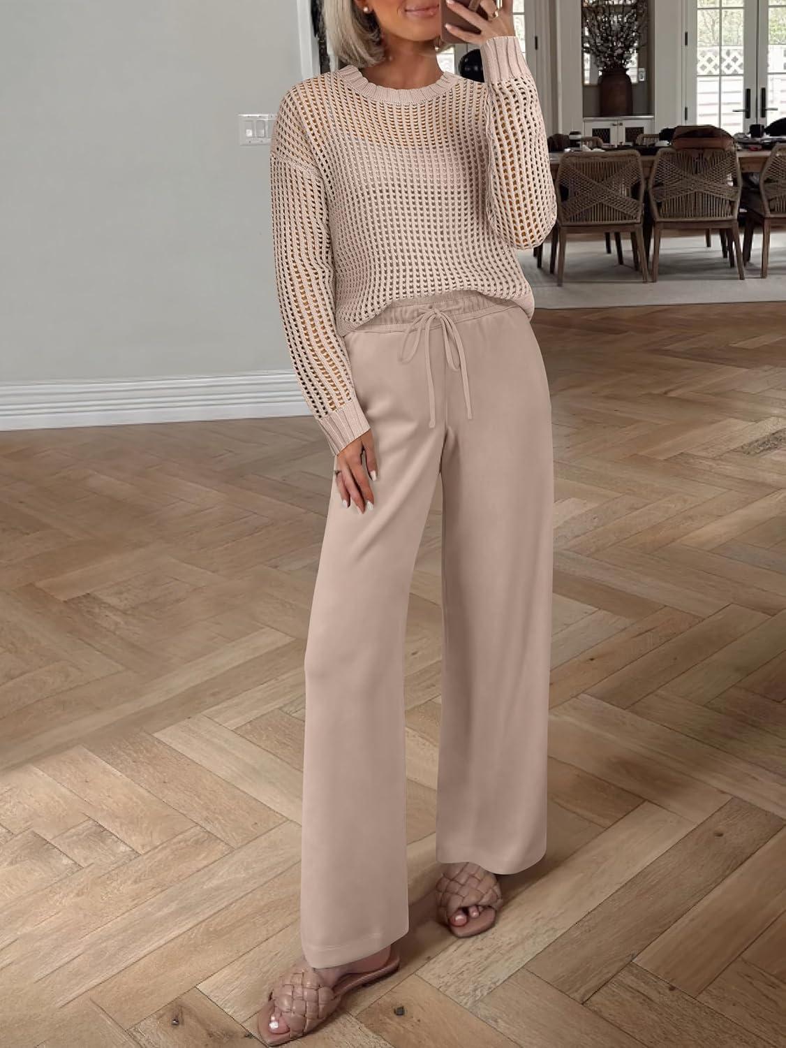 imageANRABESS Womens 2 Piece Outfits Crochet Sheer Knit Sweater Top Wide Leg Pants Lounge Sets Sweatsuit 2025 Fall Travel ClothesLight Brown