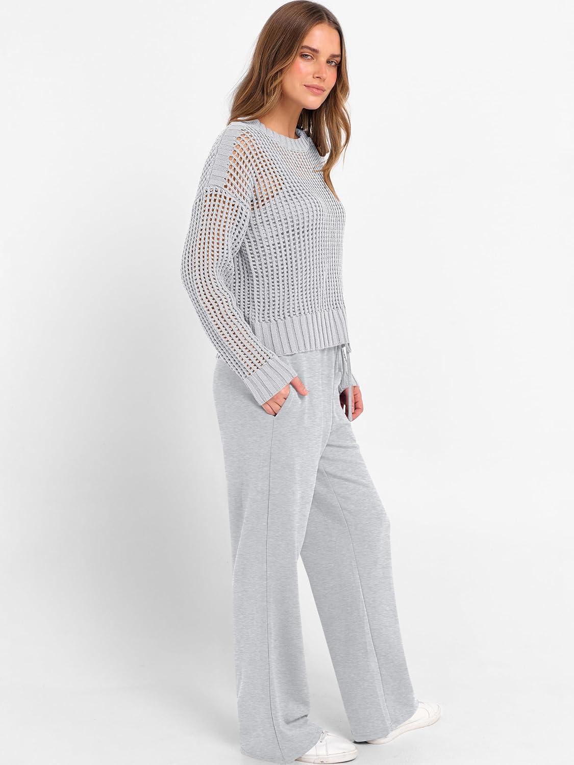 imageANRABESS Womens 2 Piece Outfits Crochet Sheer Knit Sweater Top Wide Leg Pants Lounge Sets Sweatsuit 2025 Fall Travel ClothesLight Grey