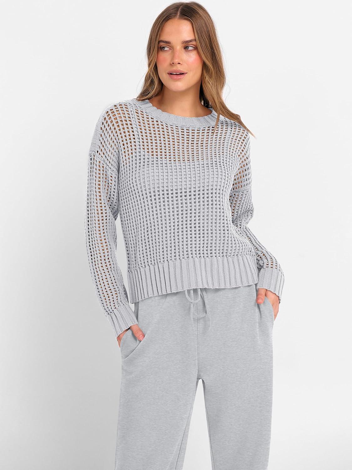 imageANRABESS Womens 2 Piece Outfits Crochet Sheer Knit Sweater Top Wide Leg Pants Lounge Sets Sweatsuit 2025 Fall Travel ClothesLight Grey