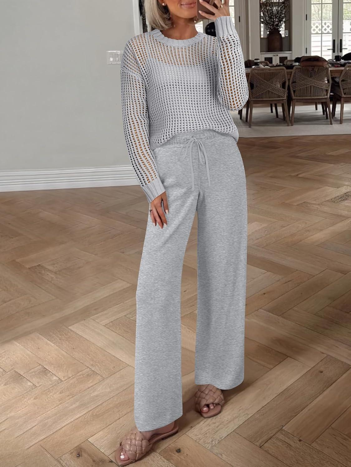 imageANRABESS Womens 2 Piece Outfits Crochet Sheer Knit Sweater Top Wide Leg Pants Lounge Sets Sweatsuit 2025 Fall Travel ClothesLight Grey