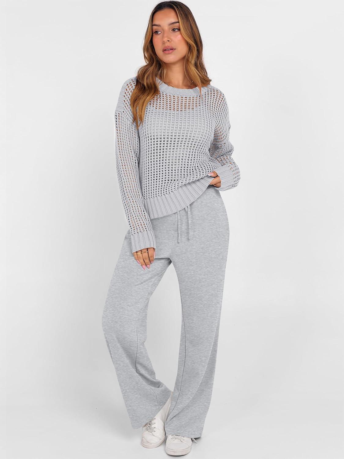 imageANRABESS Womens 2 Piece Outfits Crochet Sheer Knit Sweater Top Wide Leg Pants Lounge Sets Sweatsuit 2025 Fall Travel ClothesLight Grey