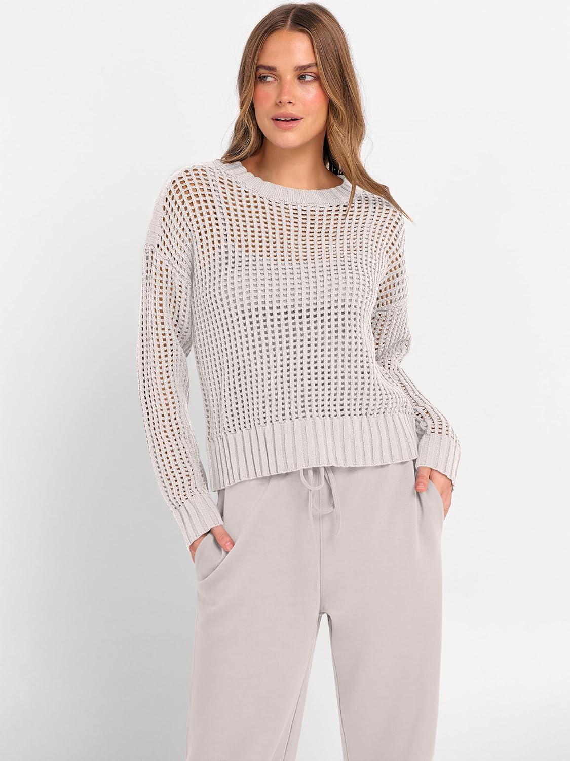 imageANRABESS Womens 2 Piece Outfits Crochet Sheer Knit Sweater Top Wide Leg Pants Lounge Sets Sweatsuit 2025 Fall Travel ClothesLight Khaki