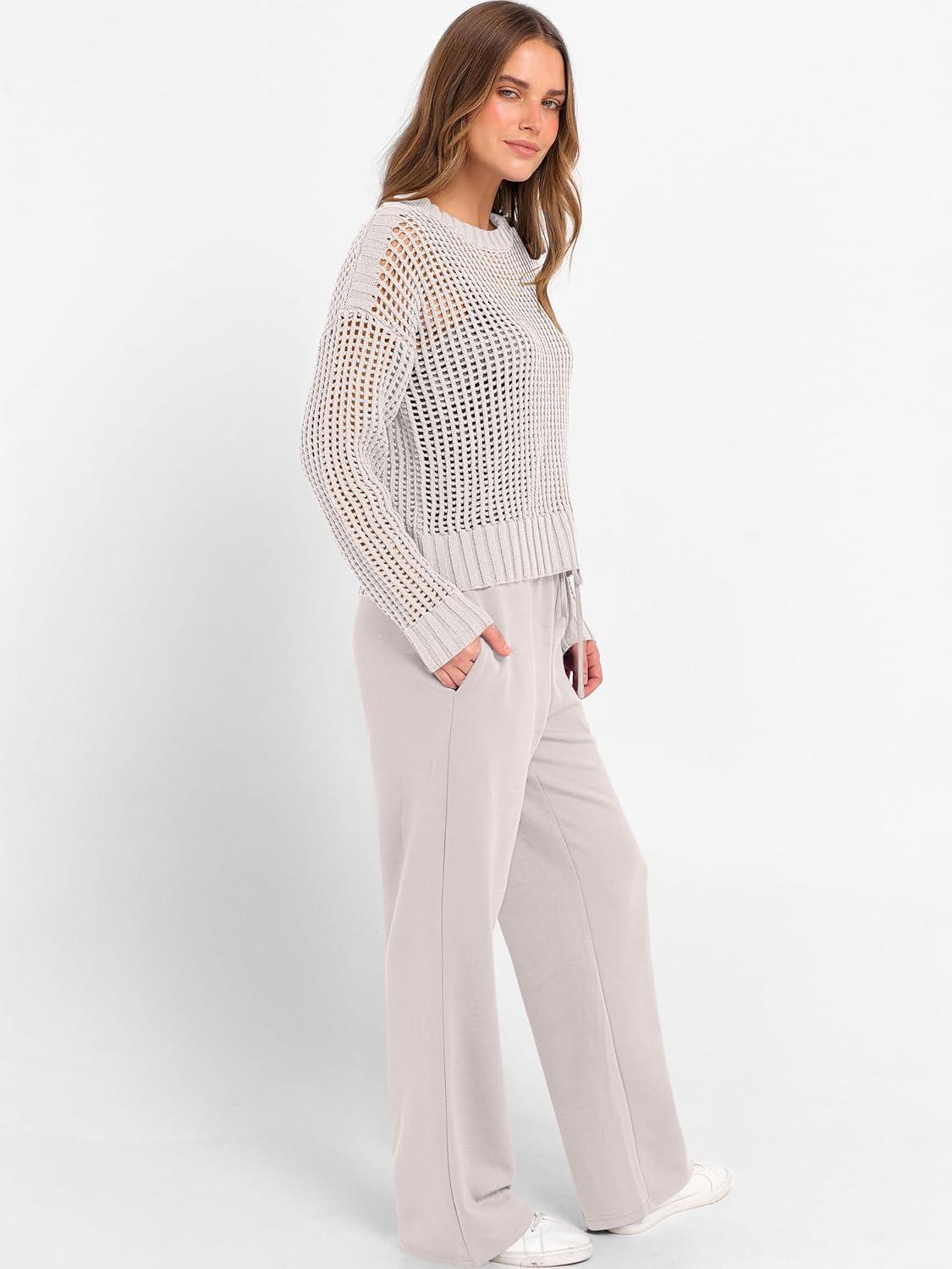 imageANRABESS Womens 2 Piece Outfits Crochet Sheer Knit Sweater Top Wide Leg Pants Lounge Sets Sweatsuit 2025 Fall Travel ClothesLight Khaki