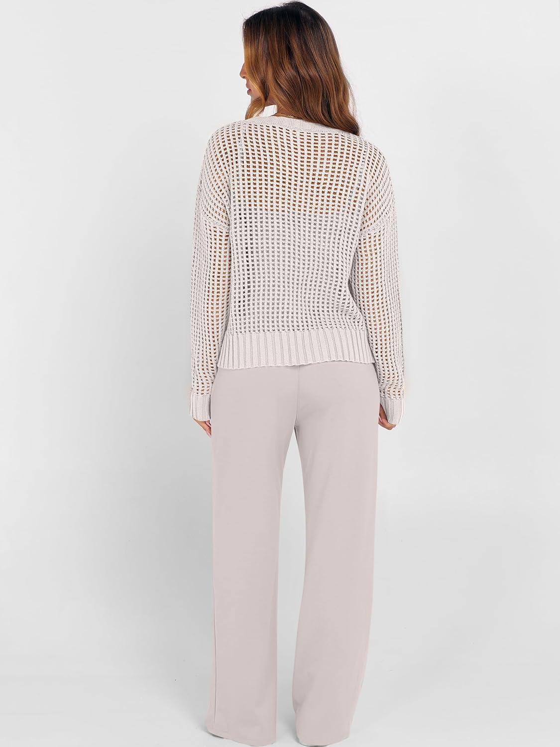 imageANRABESS Womens 2 Piece Outfits Crochet Sheer Knit Sweater Top Wide Leg Pants Lounge Sets Sweatsuit 2025 Fall Travel ClothesLight Khaki