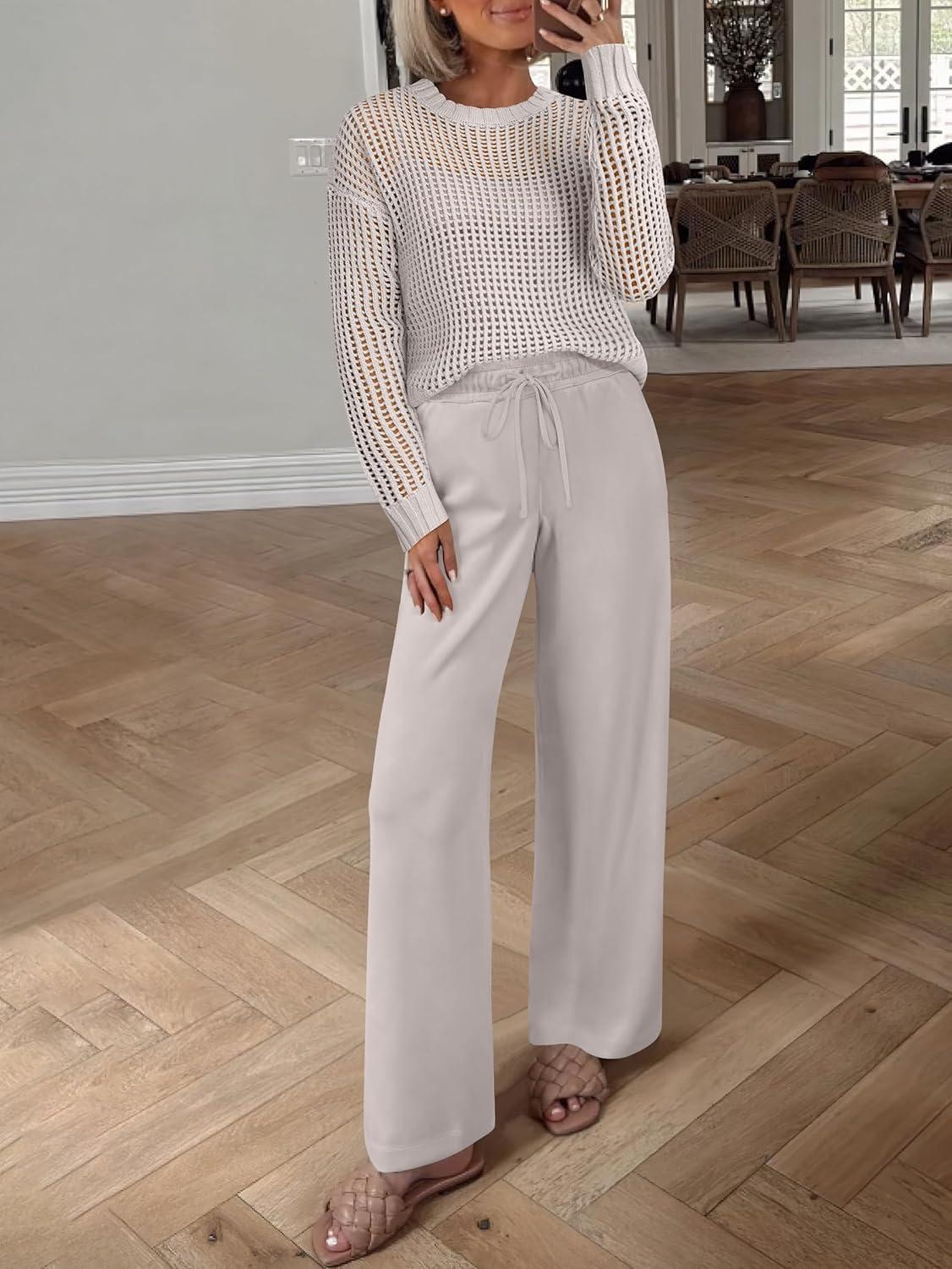 imageANRABESS Womens 2 Piece Outfits Crochet Sheer Knit Sweater Top Wide Leg Pants Lounge Sets Sweatsuit 2025 Fall Travel ClothesLight Khaki