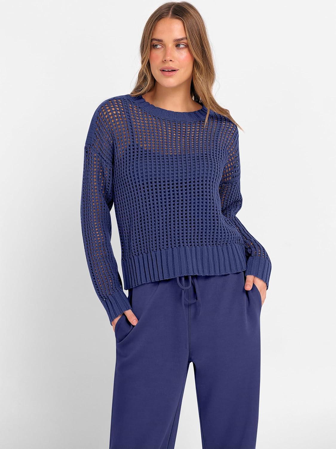 imageANRABESS Womens 2 Piece Outfits Crochet Sheer Knit Sweater Top Wide Leg Pants Lounge Sets Sweatsuit 2025 Fall Travel ClothesNavy Blue